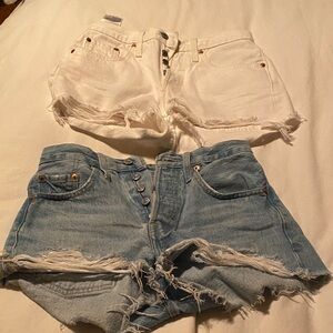 Levi 501 Frayed Jean Shorts — 2 pairs: White & Light Blue. Size 24